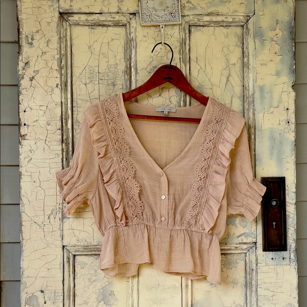 Women's Lace-Trim Ruffle Peplum Top - Blush